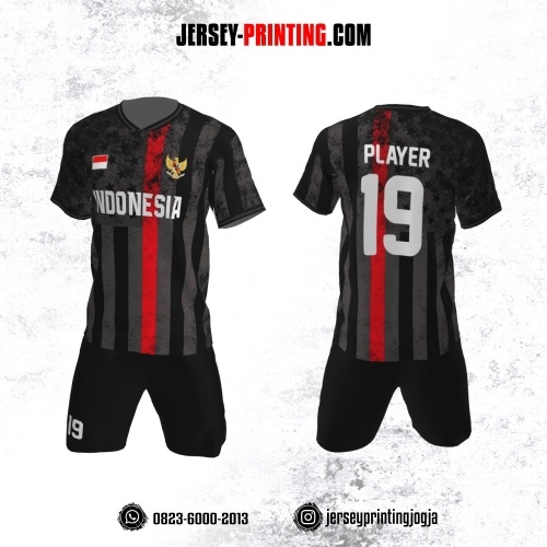 Jersey Futsal Motif Strip Merah Hitam