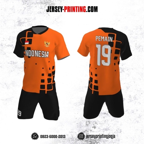 Jersey Futsal Orange Motif Geometris Hitam