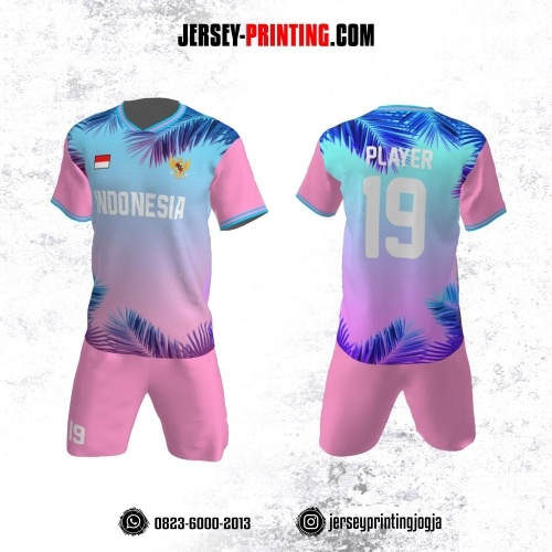 Jersey Futsal Pink Motif Daun Biru