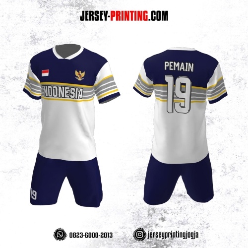 Jersey Futsal Putih Dongker Garis Abu-abu Kuning