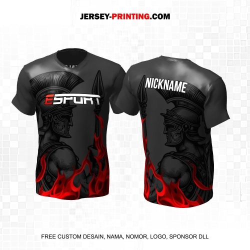 Jersey Gaming Esports Abu Hitam Merah Motif Api Prajurit Romawi Kuno 253