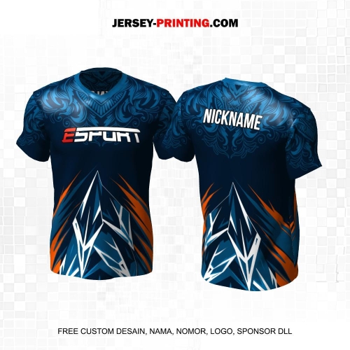 Jersey Gaming Esports Biru Orange Putih Motif Batik Abstrak 250