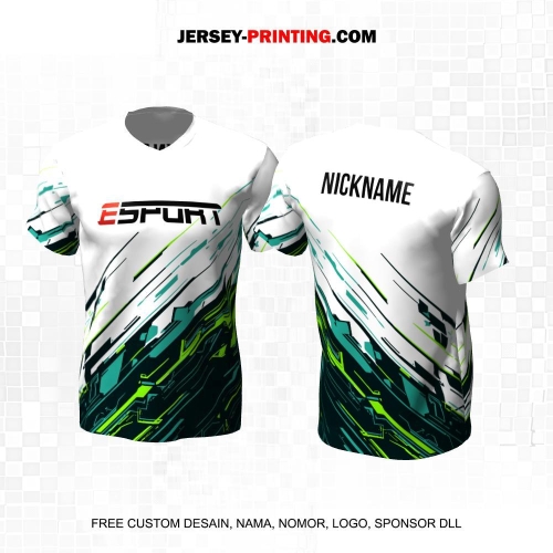 Jersey Gaming Esports Putih Hitam Hijau Motif Abstrak 254