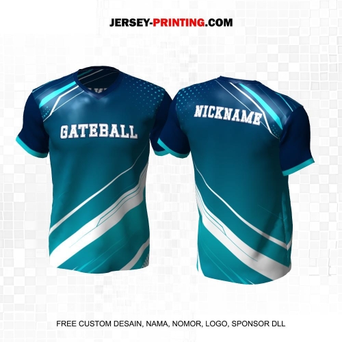 Jersey Gateball Sport Biru Tosca Putih Motif Garis Polkadot 14