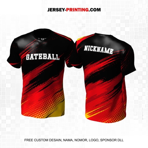 Jersey Gateball Sport Hitam Merah Kuning Motif Abstrak Polkadot 13