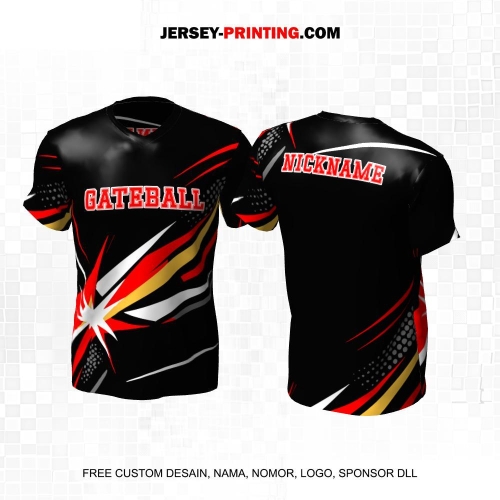 Jersey Gateball Sport Hitam Merah Putih Kuning Motif Abstrak 20