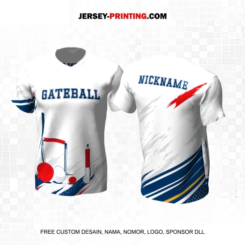 Jersey Gateball Sport Putih Biru Merah Motif Abstrak 16