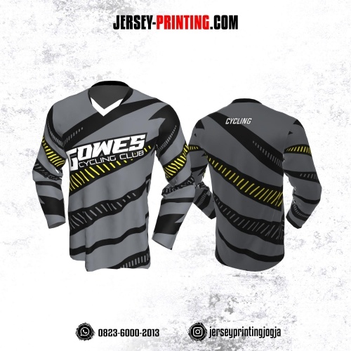 Jersey Gowes Sepeda Abu Hitam Kuning Strip Lengan Panjang
