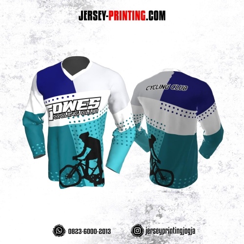 Jersey Gowes Sepeda biru Aqua Tosca Navy Putih Polkadot Lengan Panjang