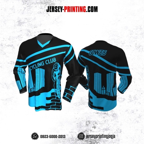 Jersey Gowes Sepeda Hitam Biru Garis Lengan Panjang