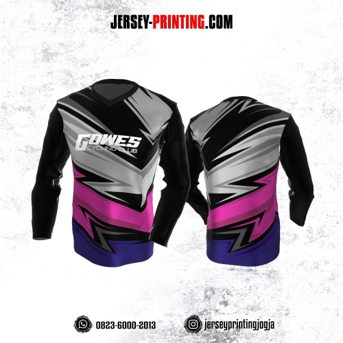 Jersey Gowes Sepeda Hitam Corak Abu-abu Pink Ungu Lengan Panjang