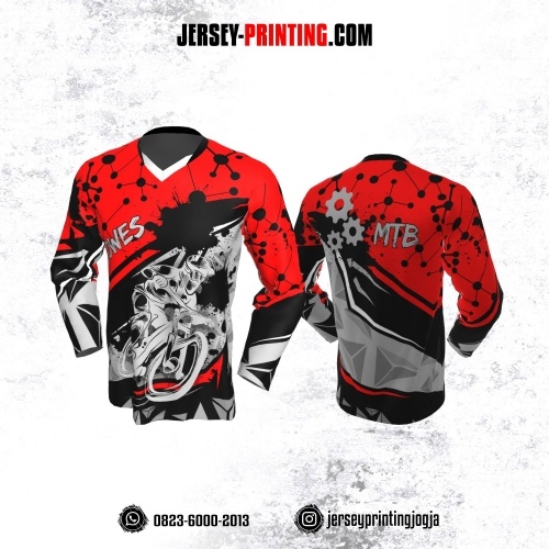 Jersey Gowes Sepeda Hitam Merah Abu Dot Line Lengan Panjang