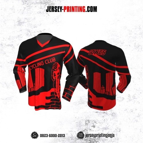 Jersey Gowes Sepeda Hitam Merah Garis  Lengan Panjang