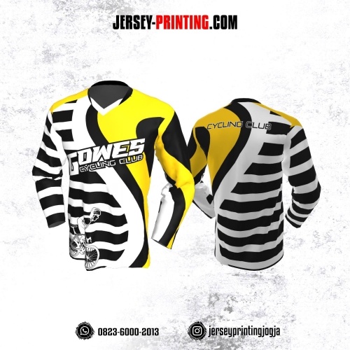 Jersey Gowes Sepeda  Hitam Putih Kuning Strip Lengan Panjang