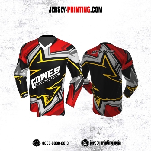 Jersey Gowes Sepeda Merah Abu Kuning Hitam Lengan Panjang