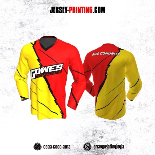 Jersey Gowes Sepeda Merah Kuning Garis Hitam Lengan Panjang