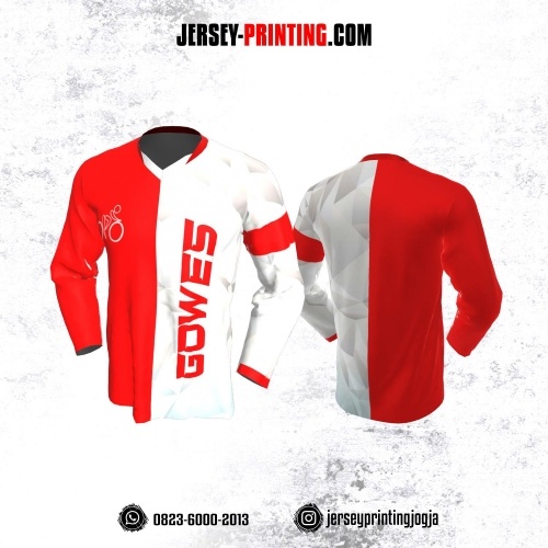 Jersey Gowes Sepeda Merah Putih Abu Lengan Panjang