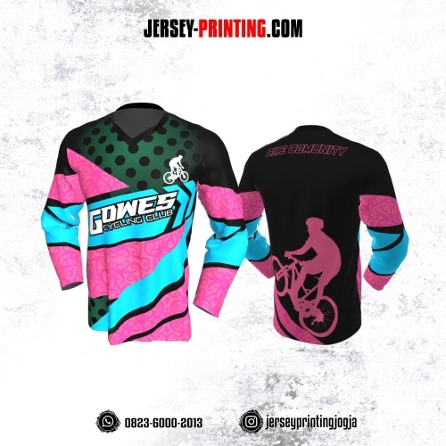 Jersey Gowes Sepeda Pink Hijau Botol Hitam Pokadot Lengan Panjang