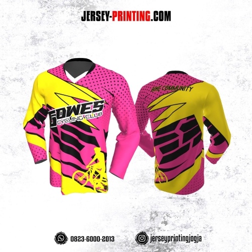 Jersey Gowes Sepeda Pink Kuning Hitam Garis Lengan Panjang