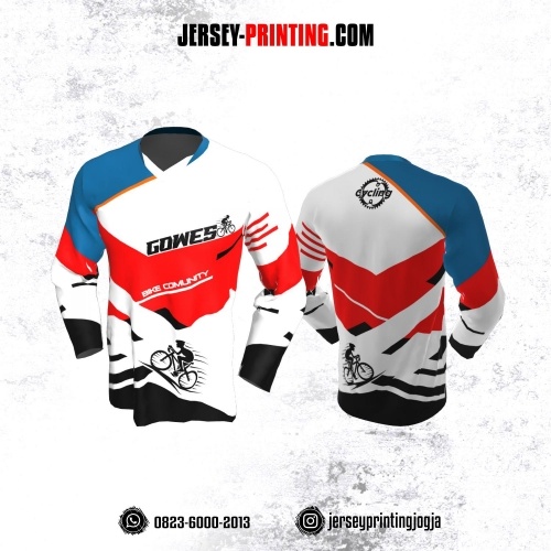 Jersey Gowes Sepeda Putih merah Biru Hitam Lengan Panjang