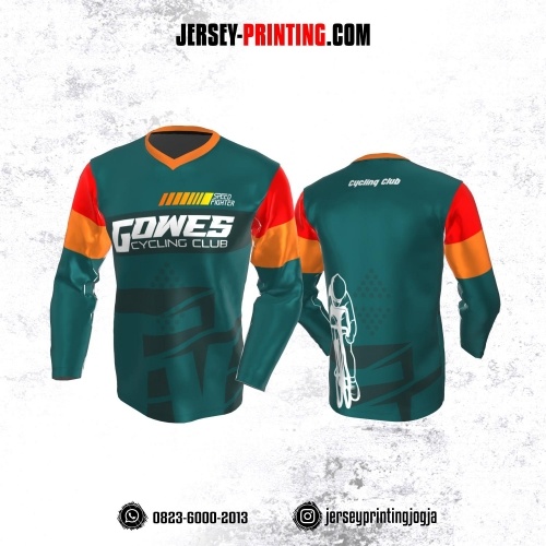 Jersey Gowes Sepeda Teal Corak Orange Merah Lengan Panjang