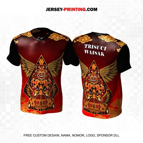 Jersey Hari Raya Waisak Buddha Hitam Merah Gold Motif Batik Gunungan Wayang 03