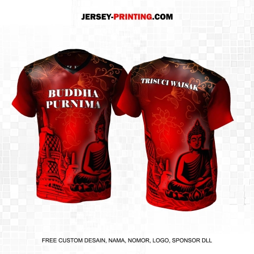 Jersey Hari Raya Waisak Buddha Hitam Merah Motif Batik Siluet Patung Candi 08