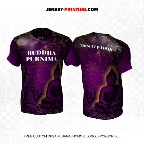 Jersey Hari Raya Waisak Buddha Hitam Ungu Motif Batik Siluet Patung Candi 07
