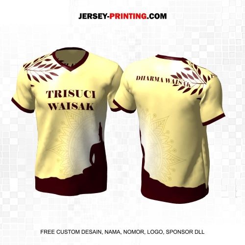 Jersey Hari Raya Waisak Buddha Krem Coklat Motif Daun Batik Patung 04