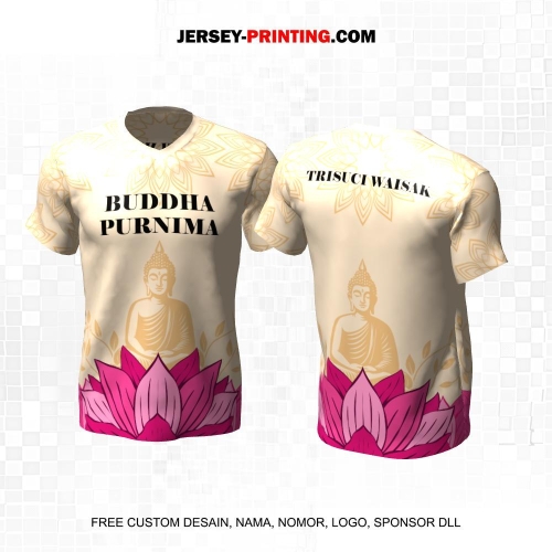 Jersey Hari Raya Waisak Buddha Krem Pink Motif Siluet Patung Batik Teratai 10