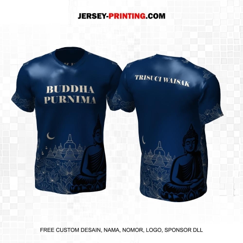 Jersey Hari Raya Waisak Buddha Navy Krem Motif Bunga Candi Arca 06