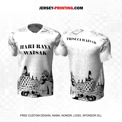 Jersey Hari Raya Waisak Buddha Putih Hitam Abu Motif Batik Siluet Candi Borobudur 01