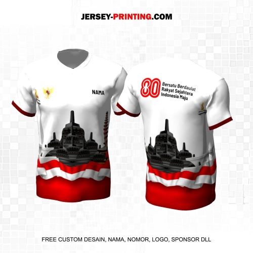 Jersey HUT RI 80 Kemerdekaan Indonesia 17 Agustus Putih Merah Hitam Motif Candi, Monas, Pura 220