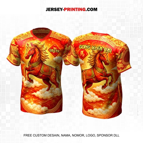 Jersey Imlek Merah Gold Motif Kuda Awan China 03