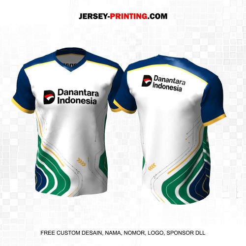 Jersey Instansi Danantara Indonesia BUMN Putih Biru Hijau Kuning Motif Abstrak Line 30