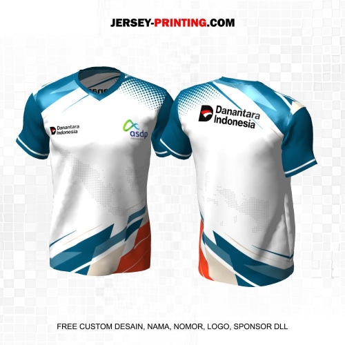 Jersey Instansi Danantara Indonesia BUMN Putih Biru Orange Motif Abstrak Polkadot 23