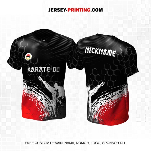 Jersey Karate Hitam Putih Merah Motif Abstrak Honeycomb Polkadot 328