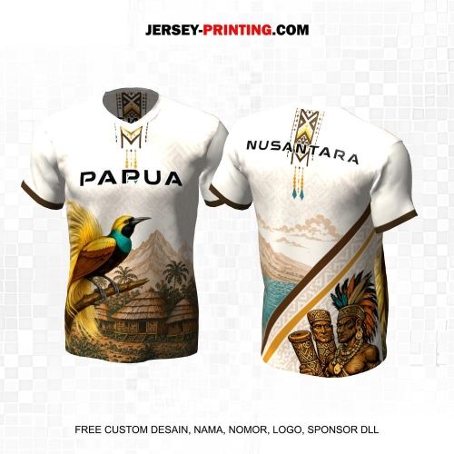 Jersey Kebudayaan Indonesia Putih Gold Coklat Motif Alam Papua Burung Cenderawasih 18