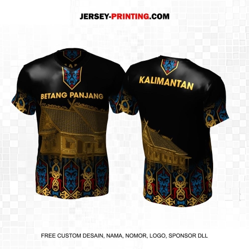 Jersey Kebudayaan Indonesia Rumah Adat Betang Lamin Kalimantan Hitam Gold Biru Maroon Motif Batik 06
