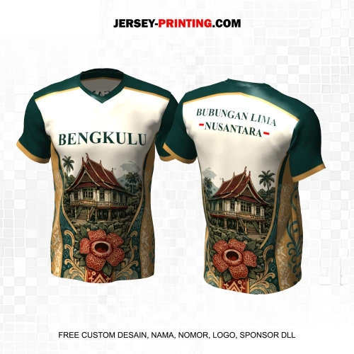 Jersey Kebudayaan Indonesia Rumah Adat Bubungan Lima Bengkulu Krem Hijau Gold Motif Rafflesia Arnoldi 07