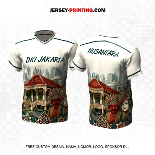 Jersey Kebudayaan Indonesia Rumah Adat Jakarta Krem Hijau Merah Motif Gedung Ondel Ondel 11