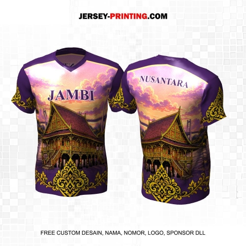 Jersey Kebudayaan Indonesia Rumah Adat Jambi Panggung Kajang Lako Ungu Kuning Motif Batik Pemandangan 14
