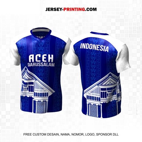 Jersey Kebudayaan Indonesia Rumah Adat Krong Bade Aceh Biru Putih Motif Batik 09