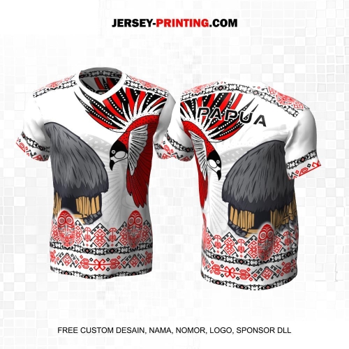 Jersey Kebudayaan Indonesia Rumah Adat Papua Hanoi Putih Merah Motif Batik Burung Cenderawasih 02