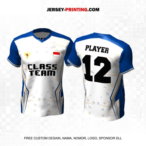 Jersey Kelas Putih Biru Krem Motif Geometris 18