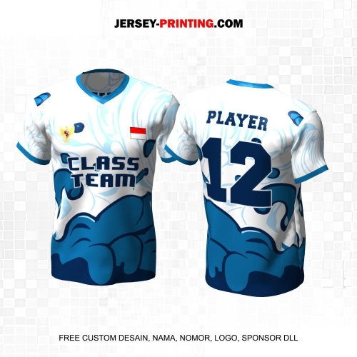Jersey Kelas Putih Biru Motif Abstrak Ombak 136