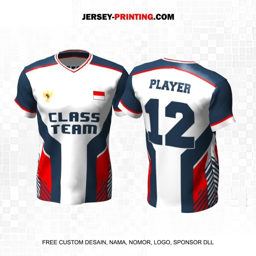 Jersey Kelas Putih Navy Merah Motif Abstrak 148