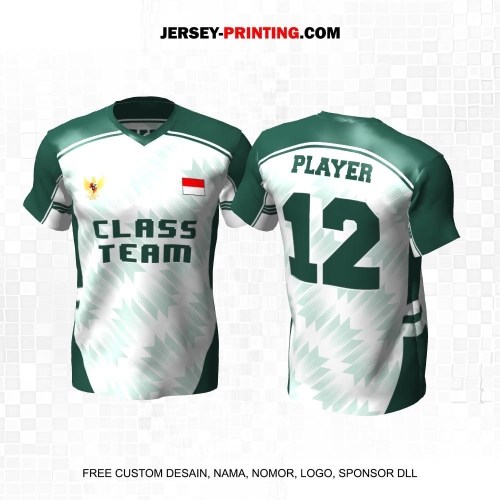 Jersey Kelas Retro Putih Hijau Motif Geometris 76