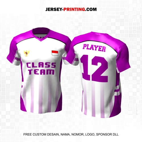 Jersey Kelas Retro Putih Ungu Motif Garis 79
