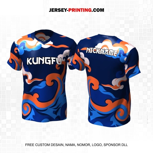 Jersey Kungfu Biru Orange Motif Gelombang 13
